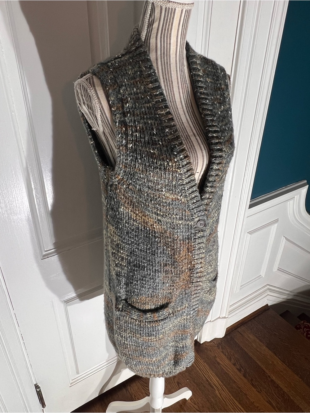 Chunky Knit Sleeveless Cardigan Vest medium large pockets heavy S516